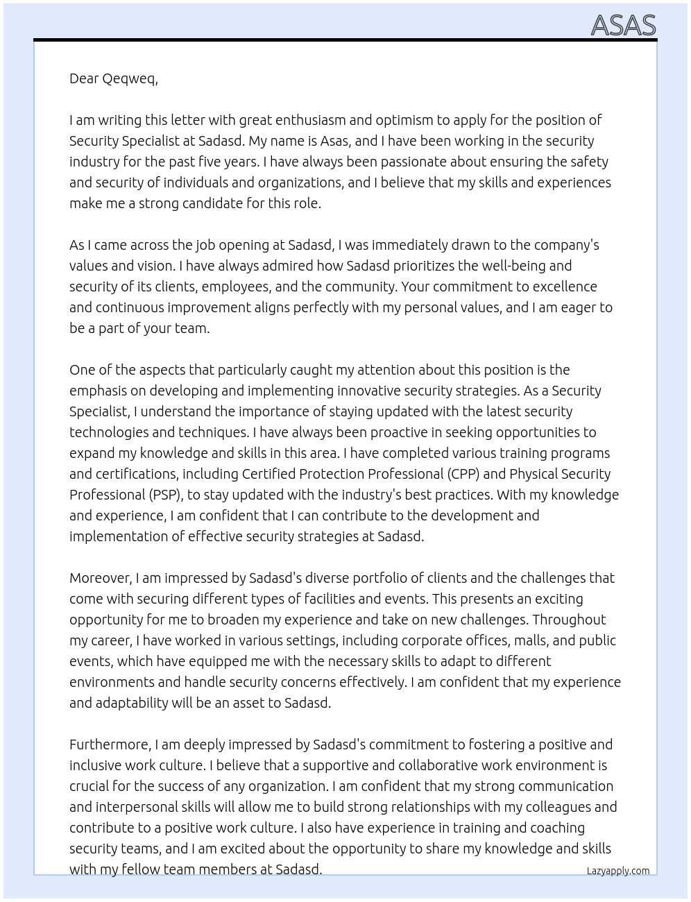 Security Specialist At sadasd Cover Letter