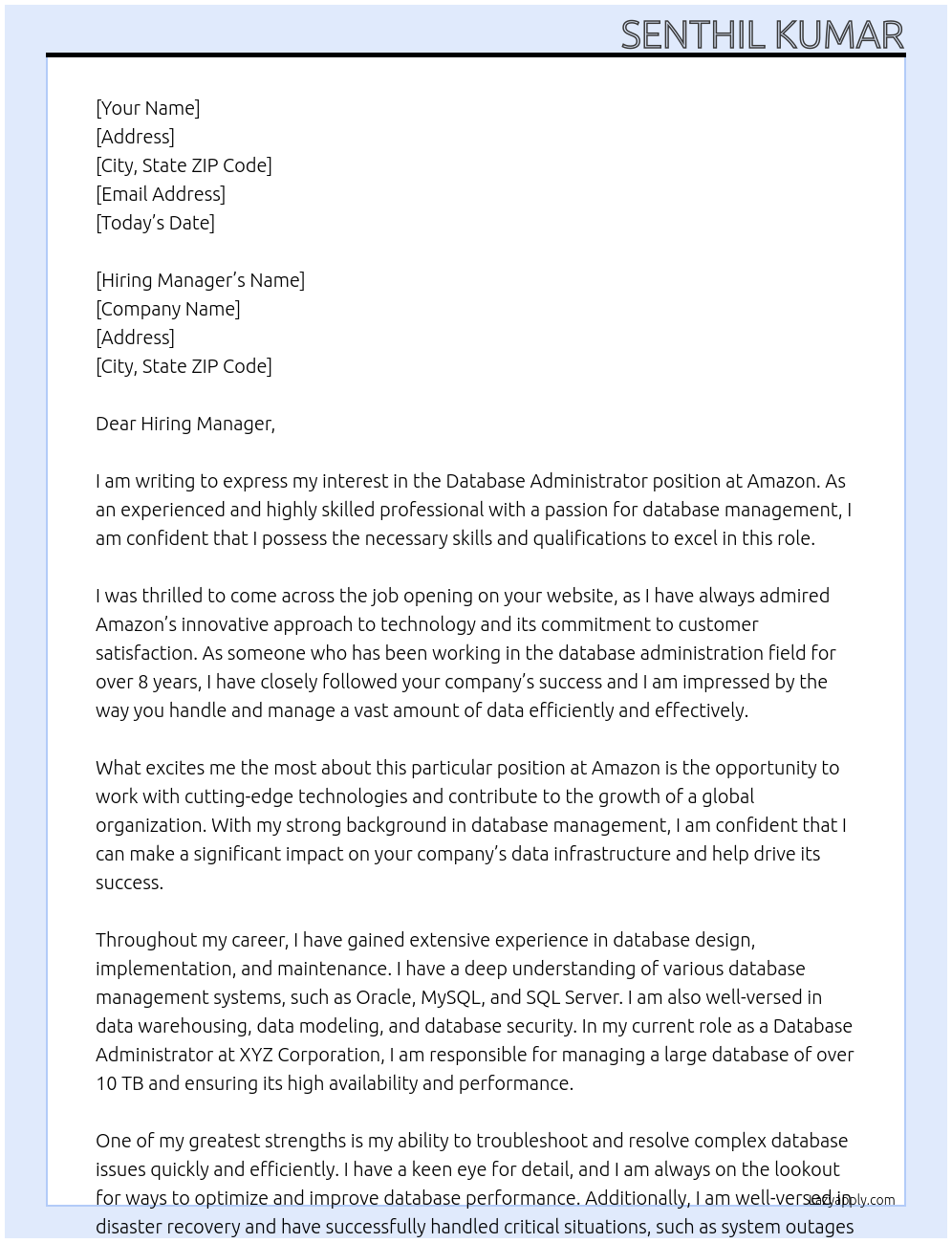 Database Administrator At Amazon Cover Letter