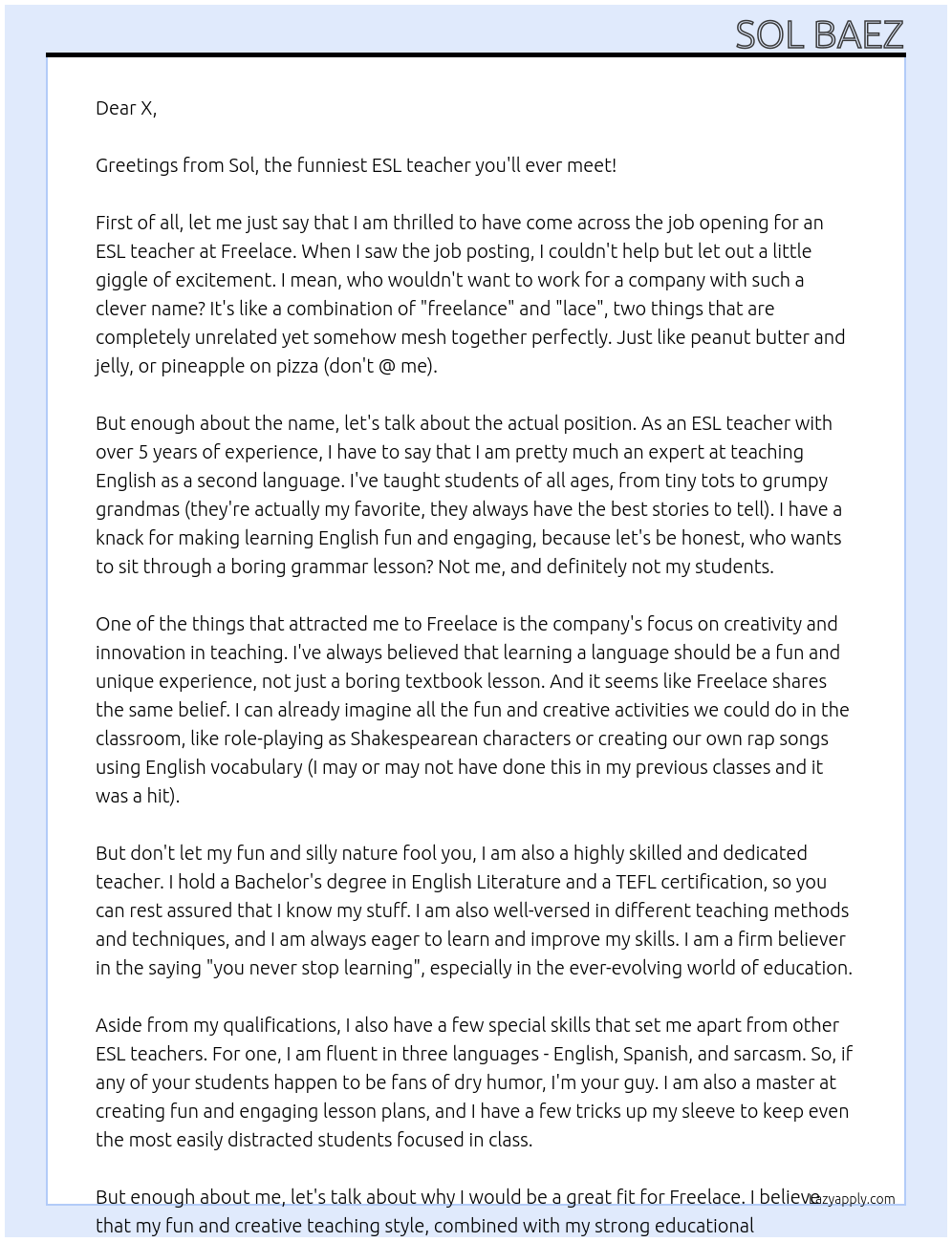 ESL teacher At Freelace Cover Letter