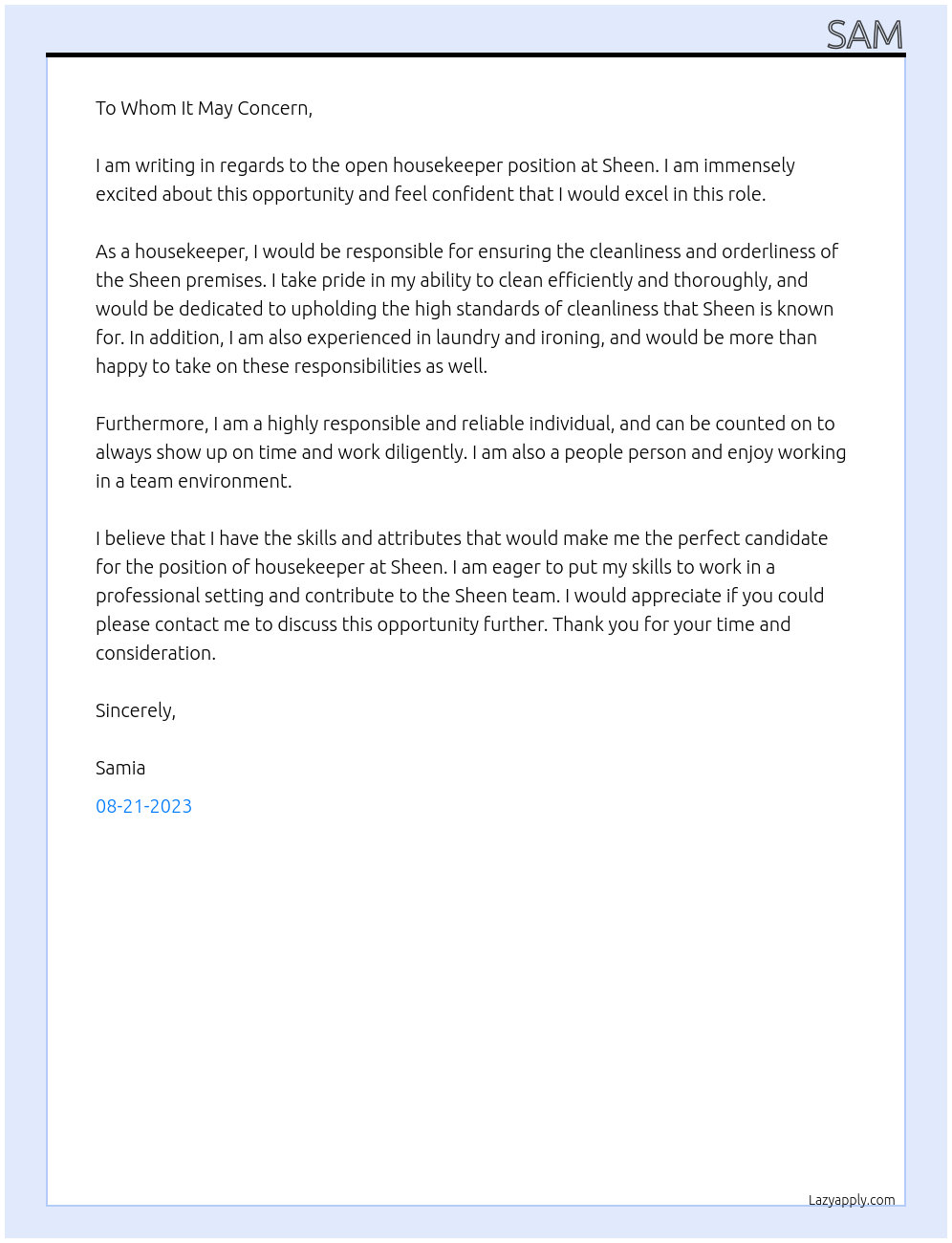 housekeeper At sheen Cover Letter