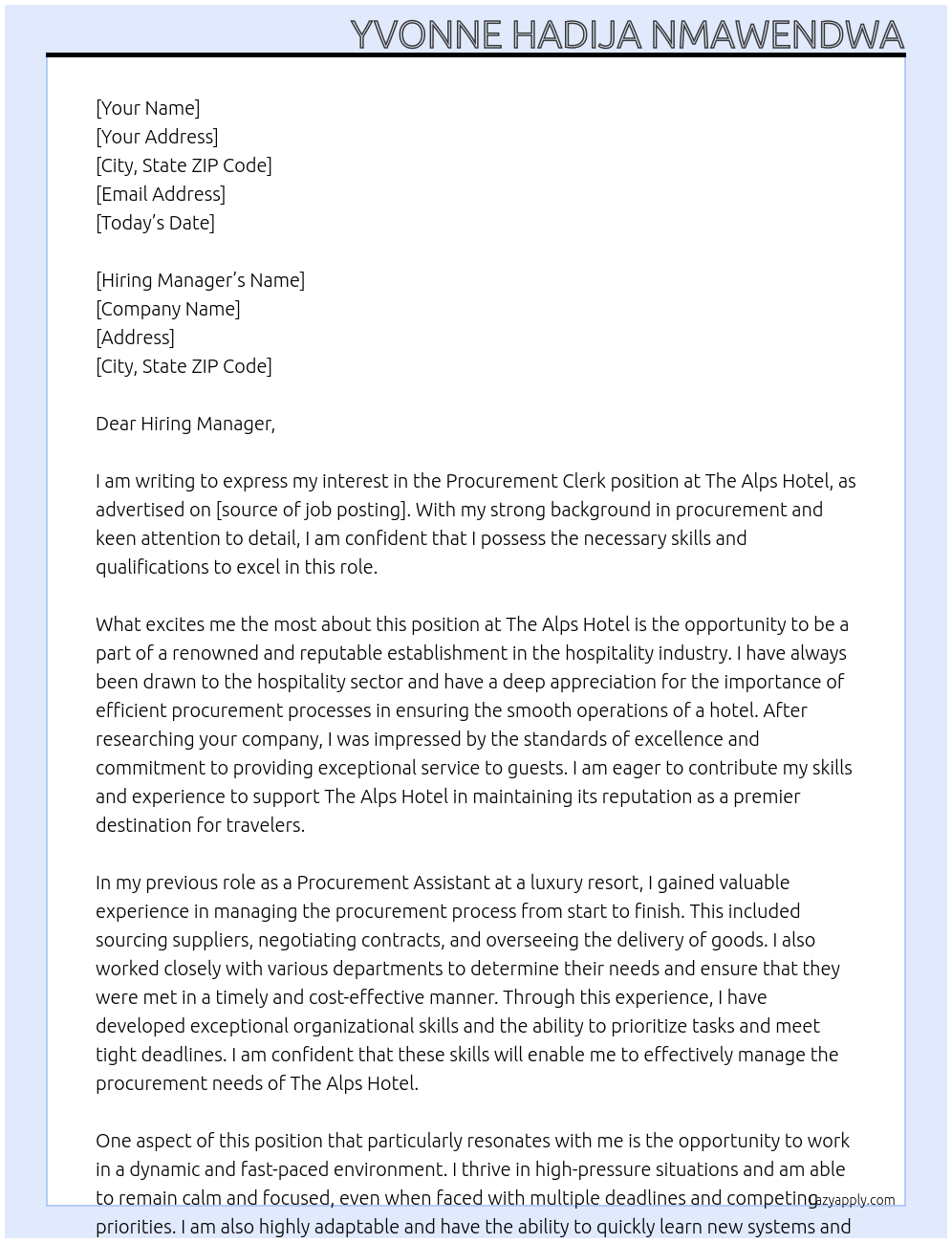 Procurement clerk At The Alps Hotel Cover Letter