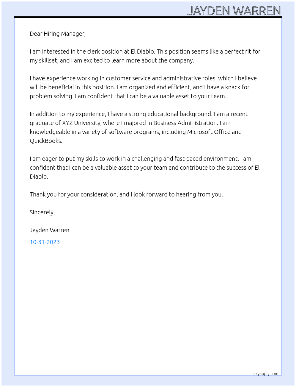 Clerk At El Diablo Cover Letter