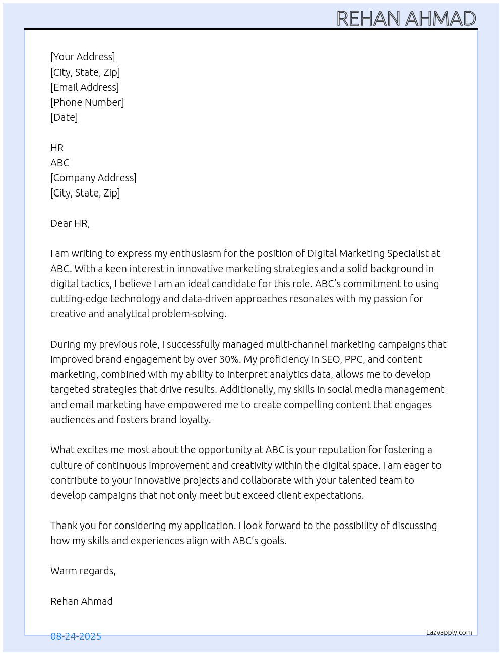 Job Title: Digital Marketing Specialist At abc Cover Letter