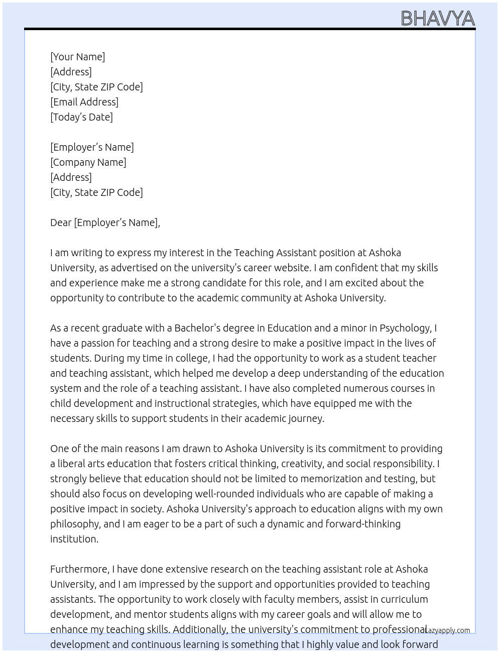 Teaching Assistant At Ashoka University Cover Letter