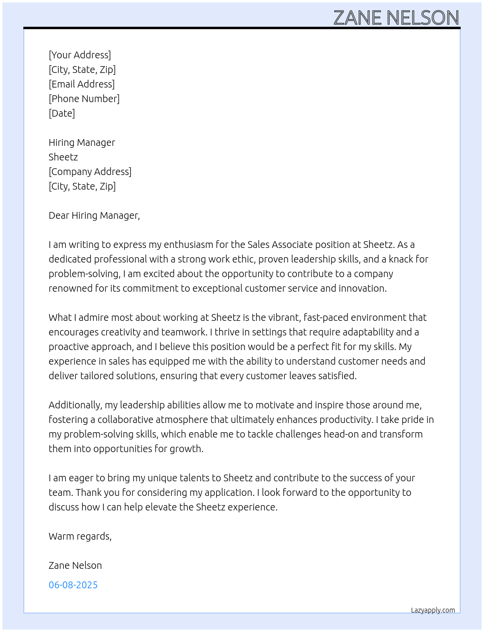 Sales Associate At Sheetz Cover Letter