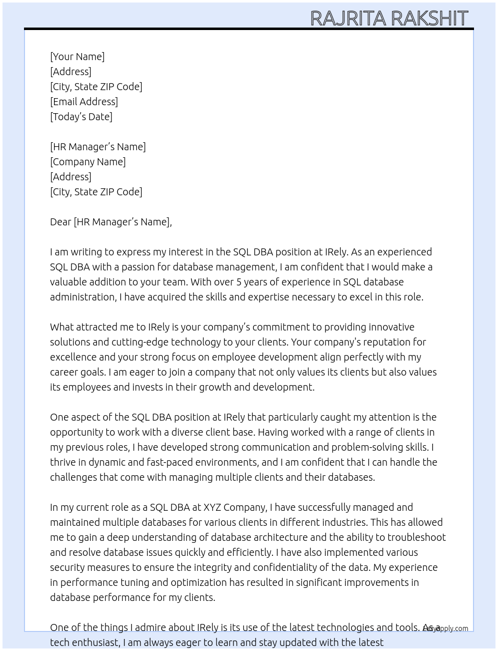 Cover letter for sql dba - LazyApply