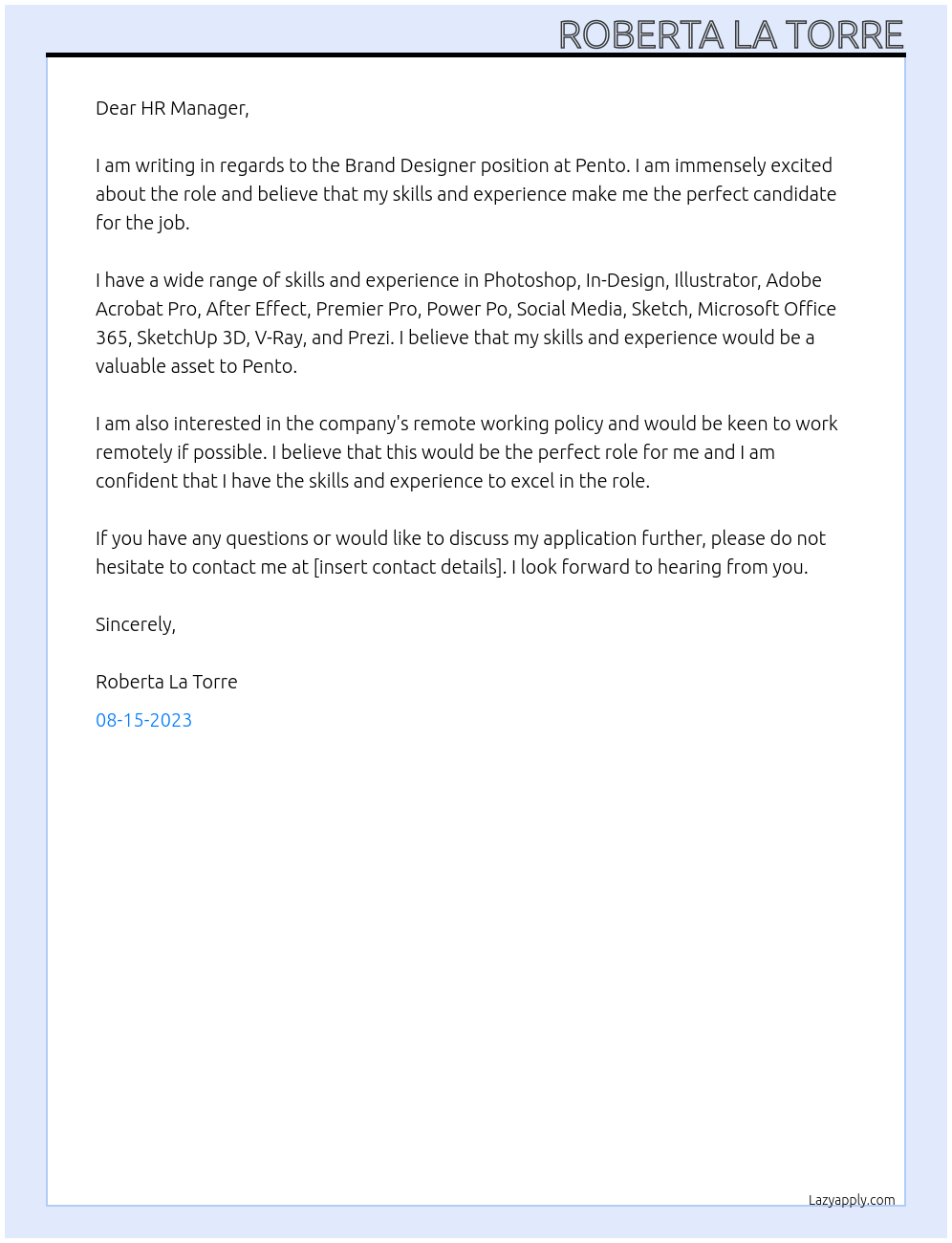 Brand Designer At Pento Cover Letter