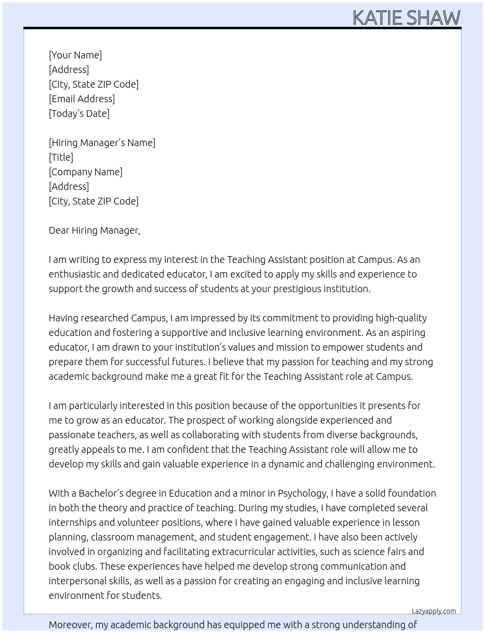 Teaching Assistant At Campus Cover Letter