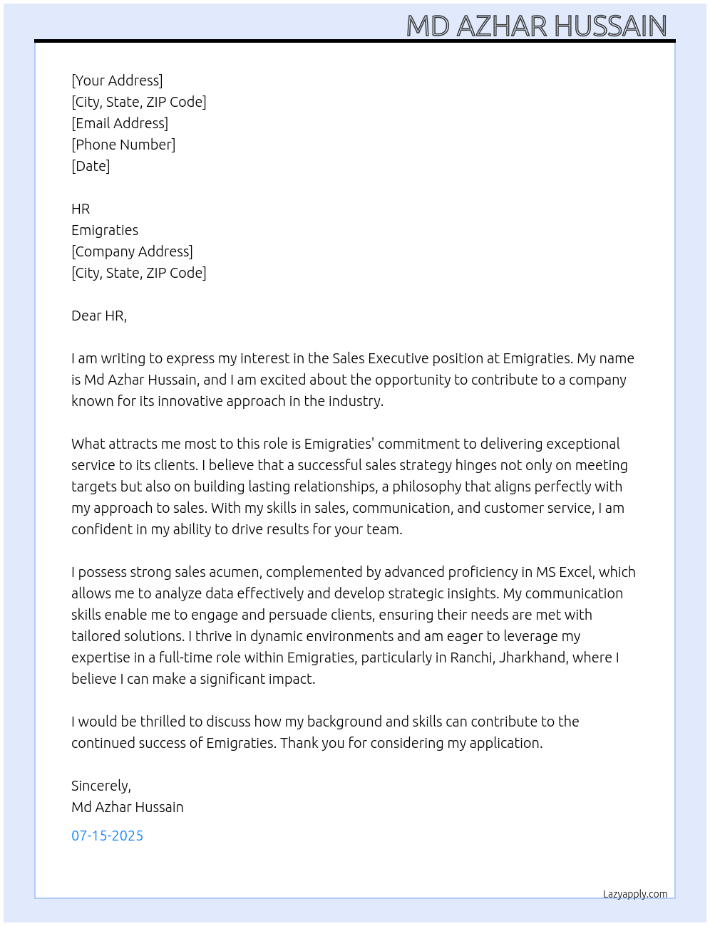 Sales executive  At Emigraties  Cover Letter