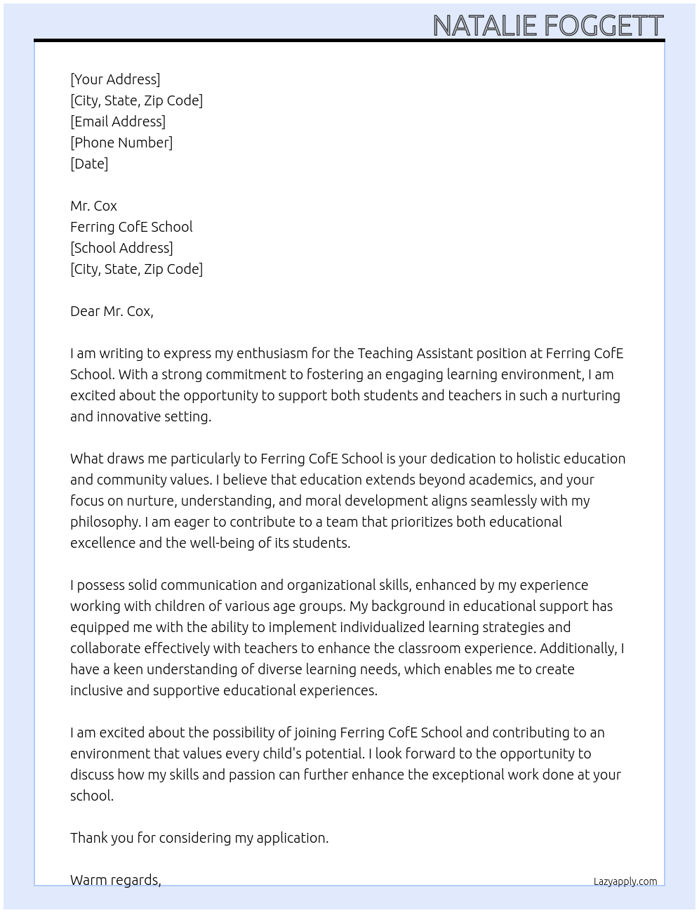 Teaching Assistant At Ferring CofE School Cover Letter