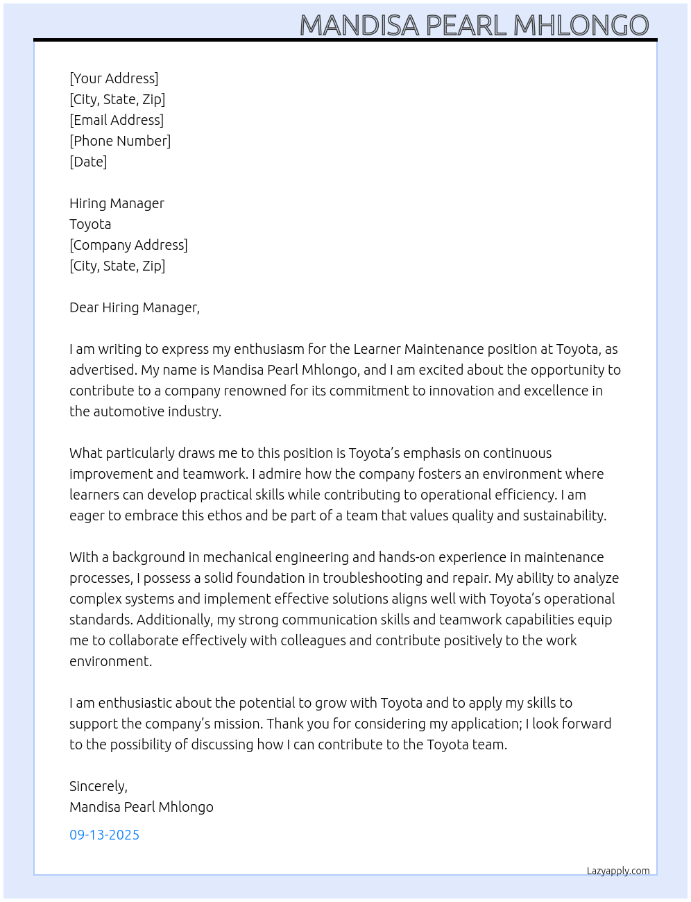 Learner Maintenance  At Toyota  Cover Letter