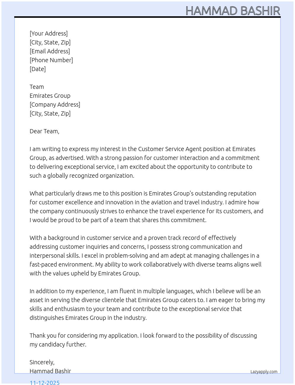 Customer service agent  At Emirates Group  Cover Letter