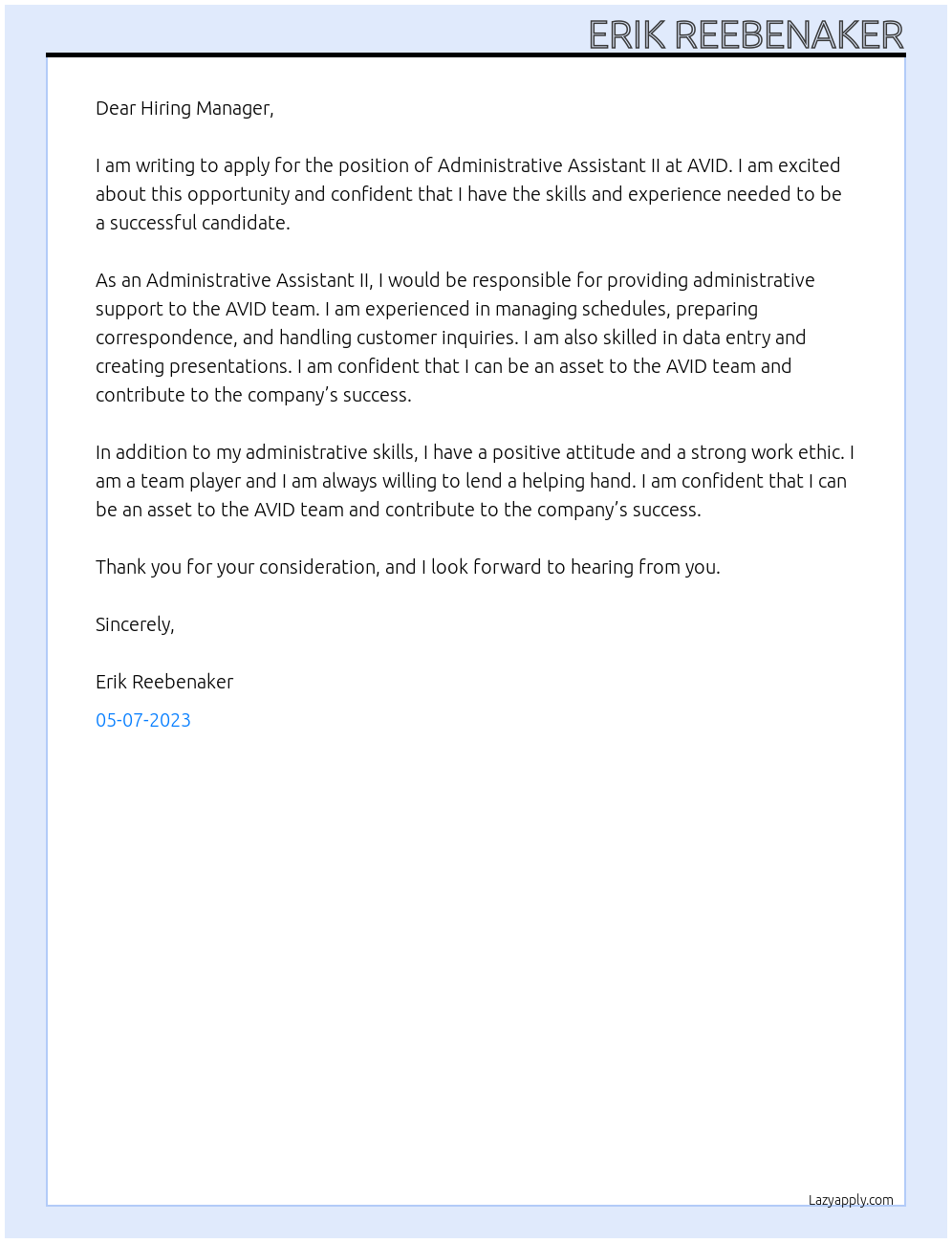 Administrative Assistant II At AVID Cover Letter