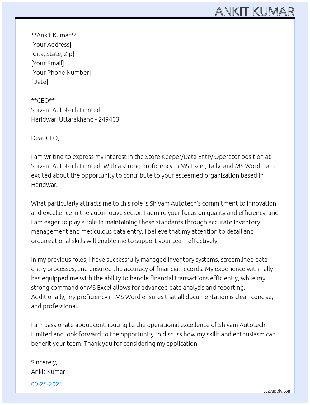 Cover letter for store keeper /data entry operator - LazyApply