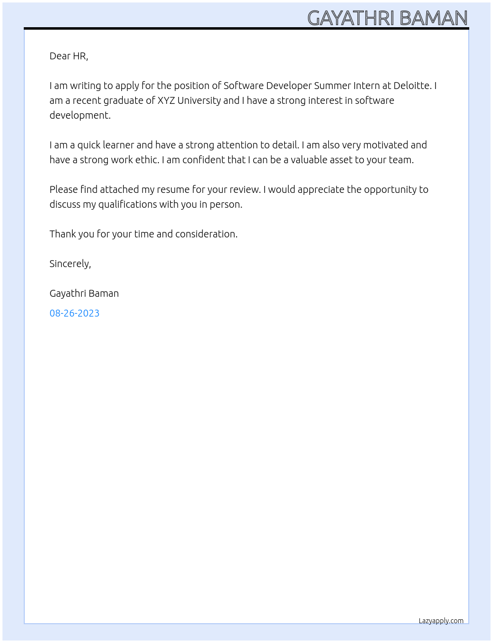 Software Developer Summer Intern At Deloitte Cover Letter