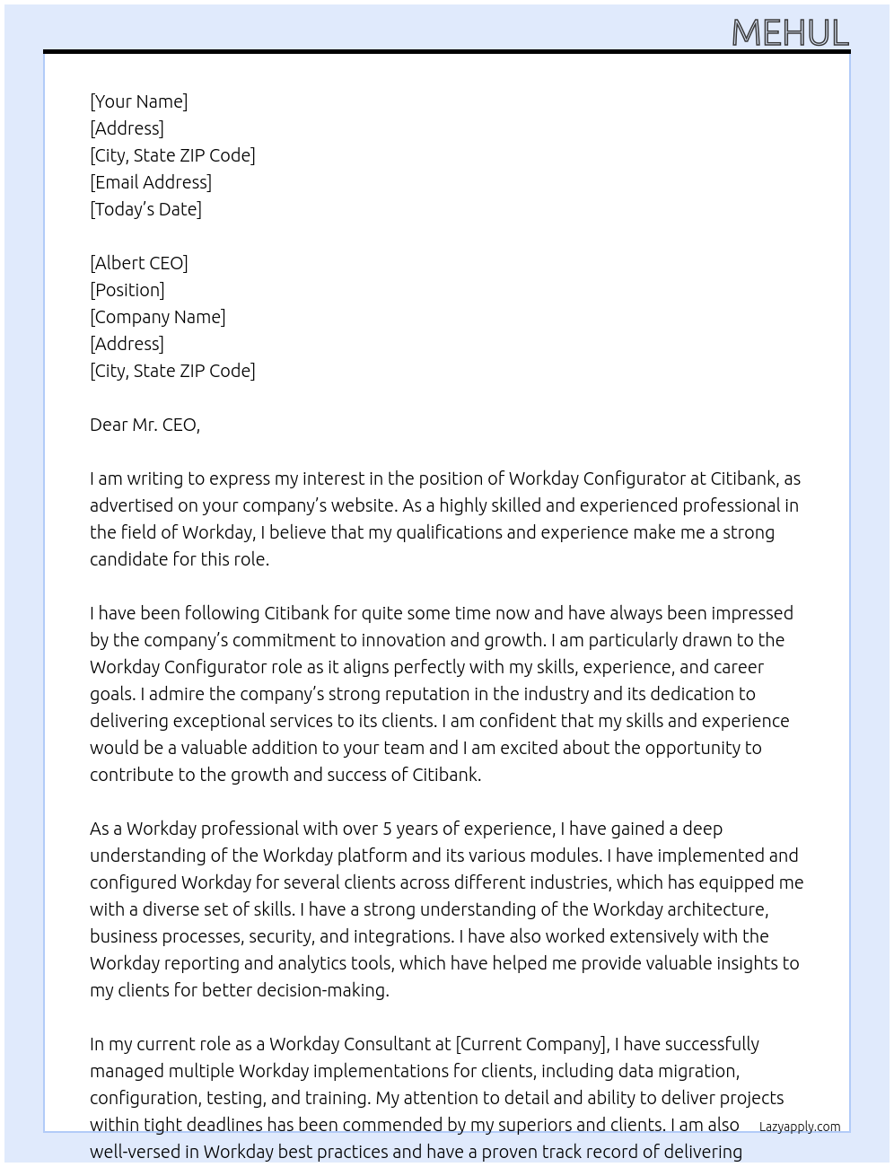 Workday Configurator At Citibank Cover Letter