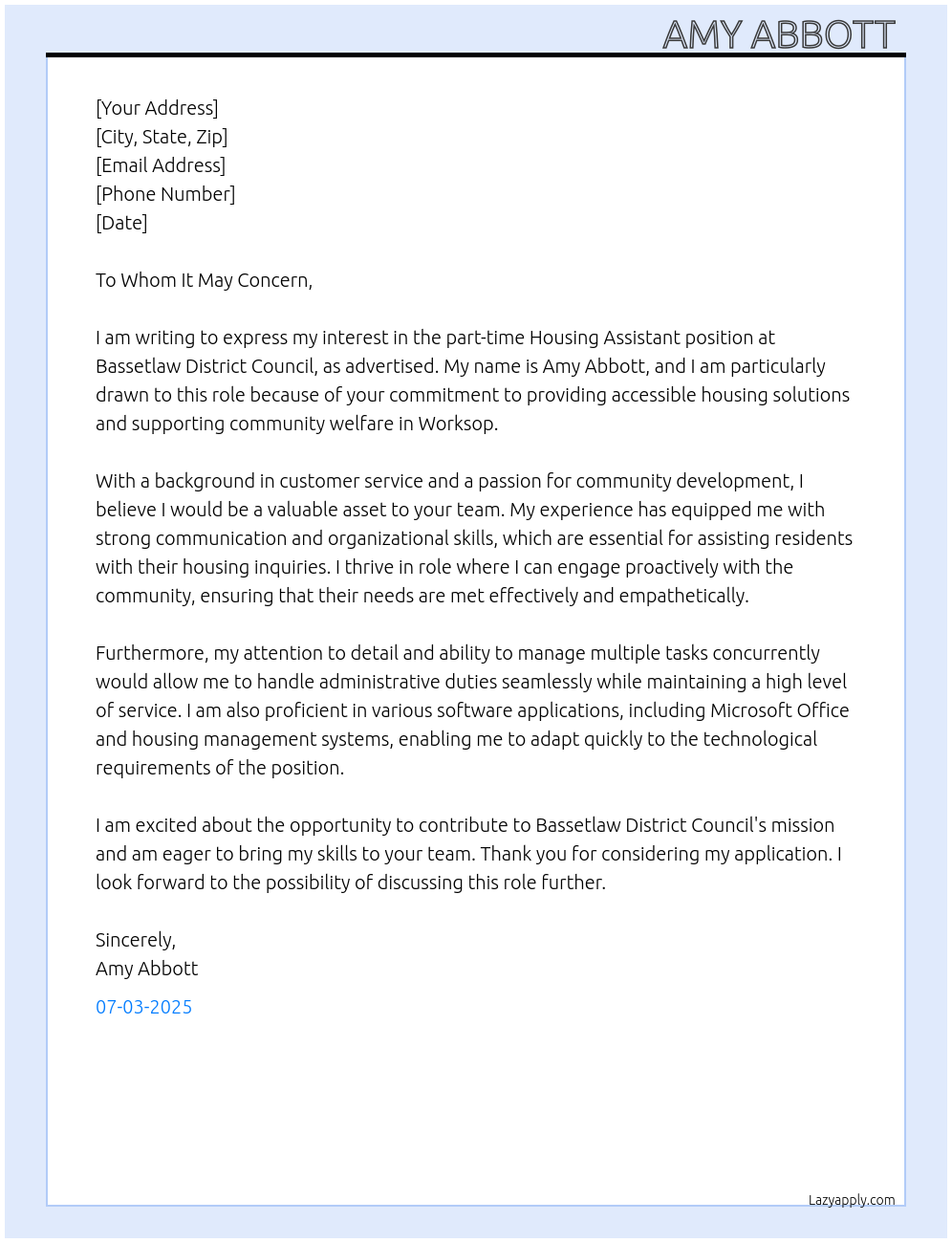 Housing assistant  At Bassetlaw District Council  Cover Letter