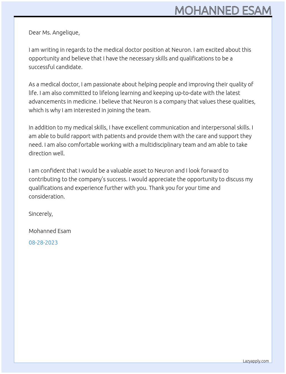 medical doctor At neuron Cover Letter