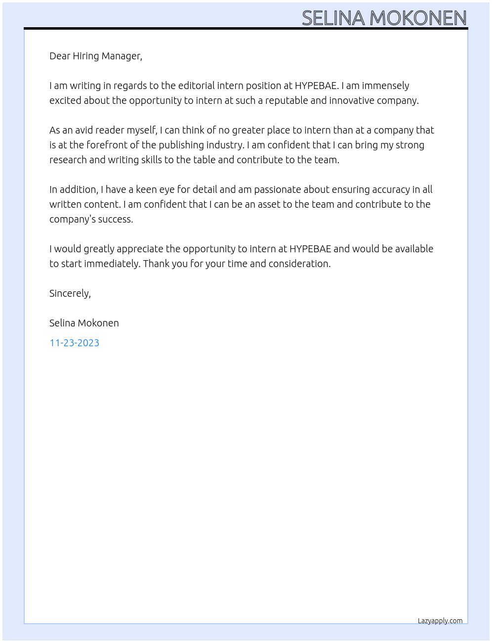 editorial intern At HYPEBAE Cover Letter