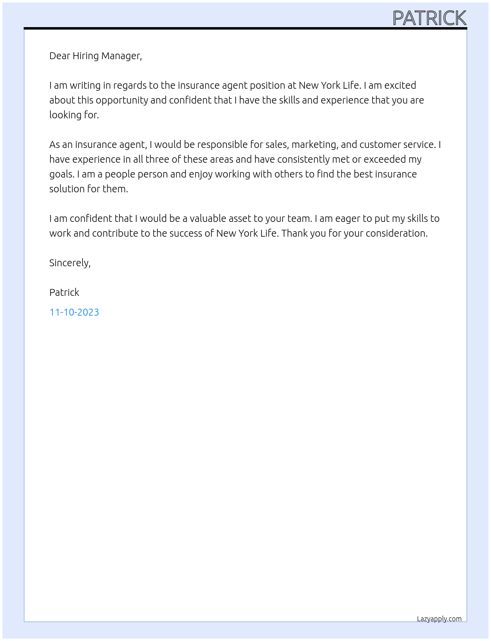 Insurance Agent At New York Life Cover Letter