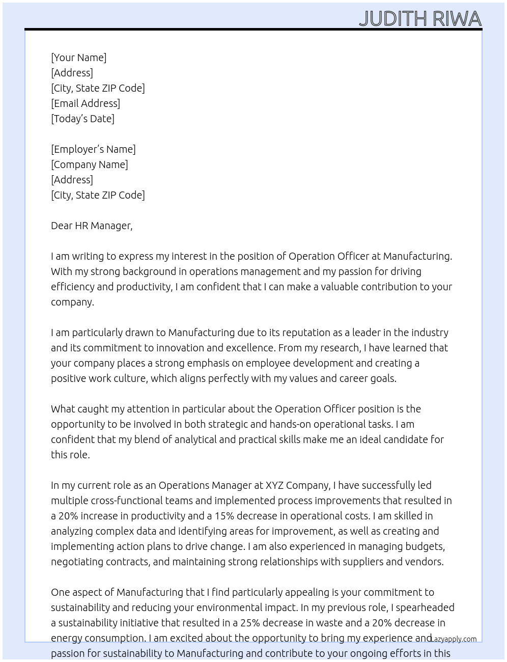 Operation Officer At Mamufacturing Cover Letter