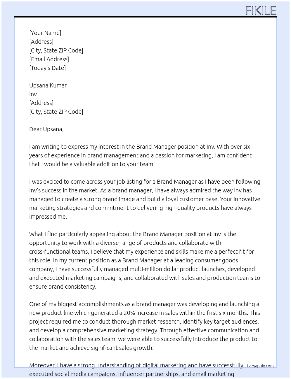 Brand Manager At Inv Cover Letter