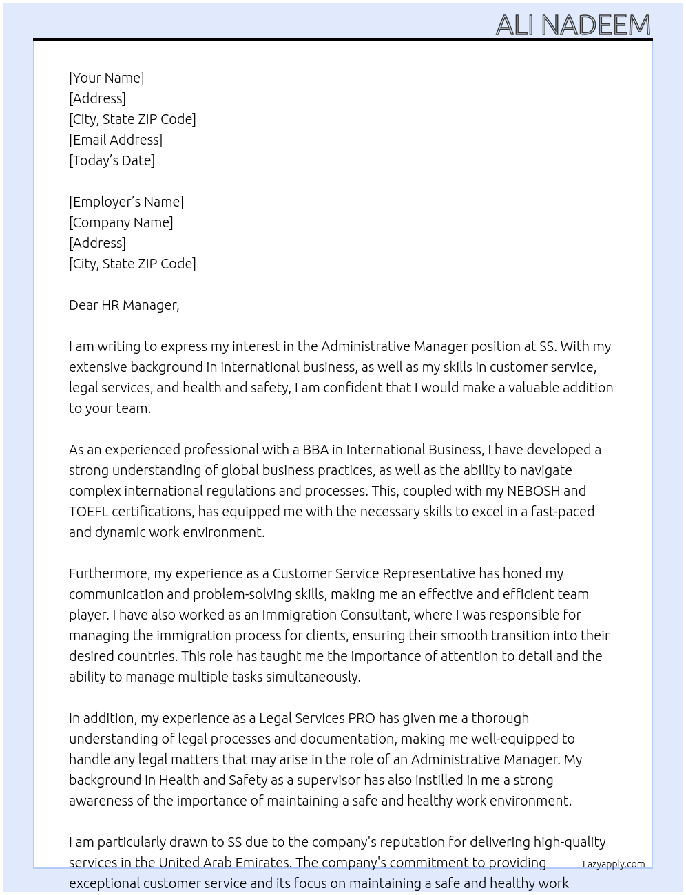 Administrative Manager At SS Cover Letter