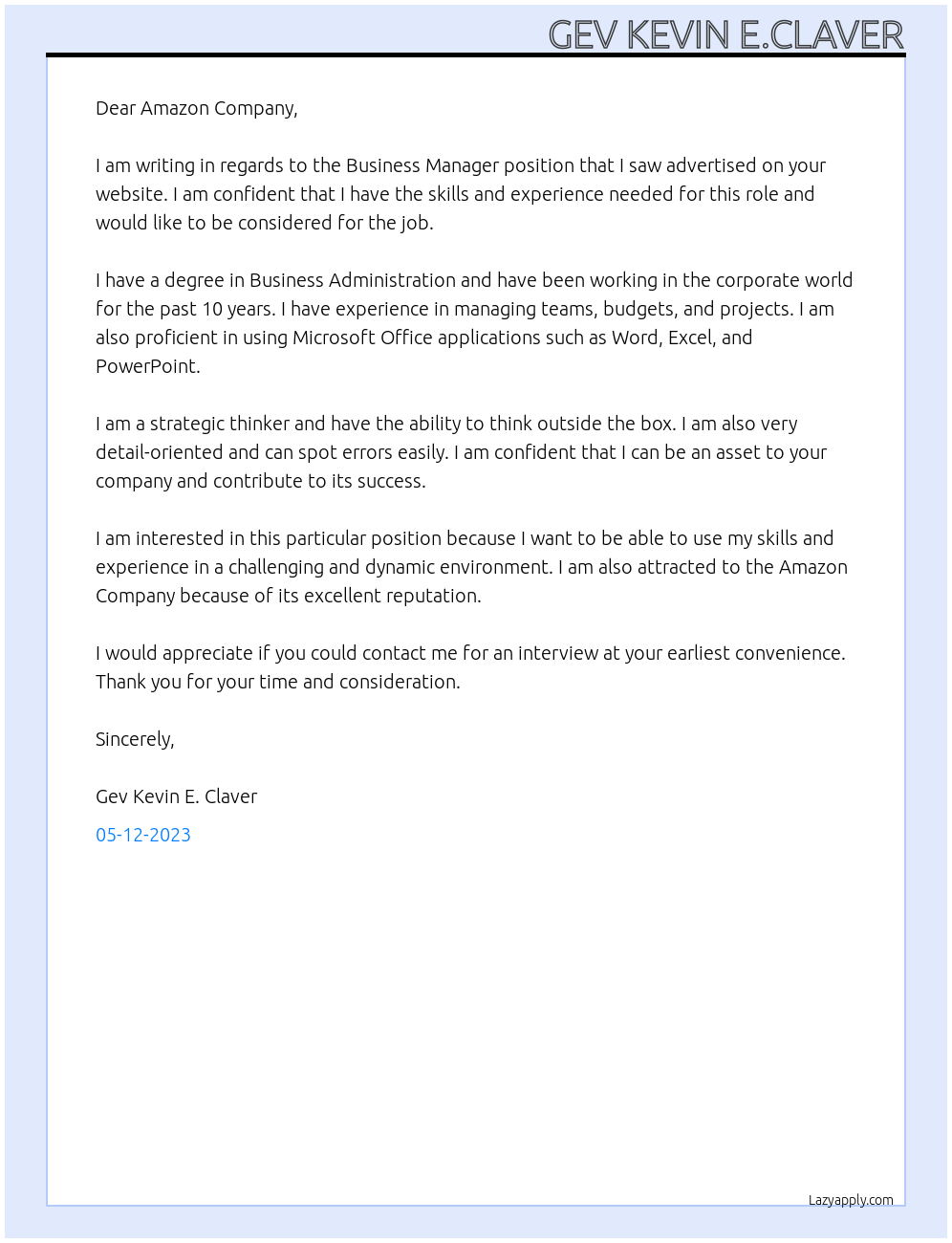 Business manager At Amazon Company Cover Letter