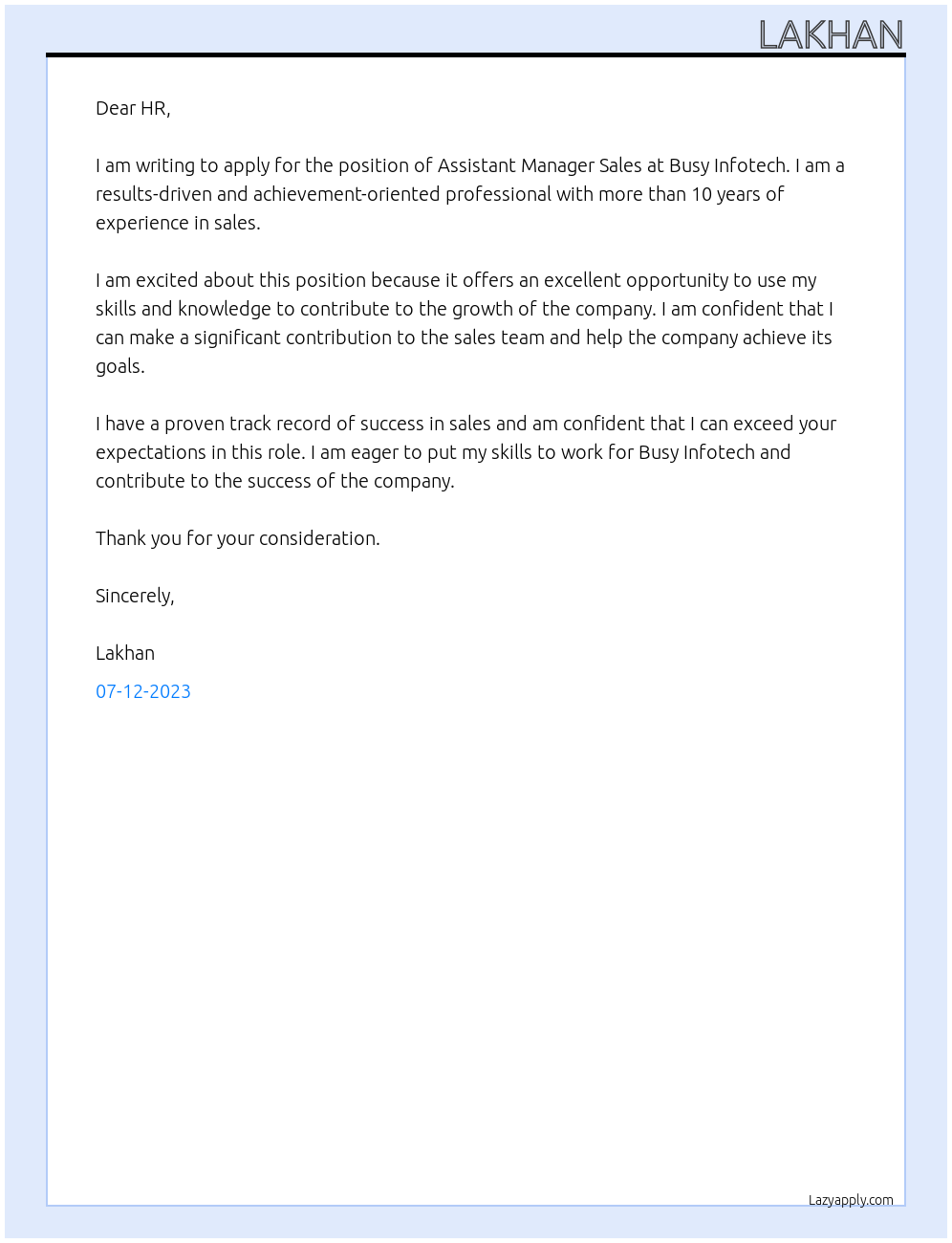 Assistant Manager Sales At Busy Infotech Cover Letter