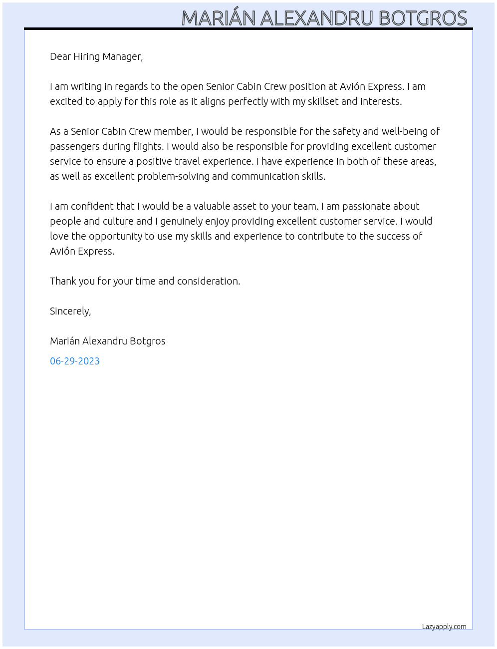 Senior cabin crew At Avión express Cover Letter