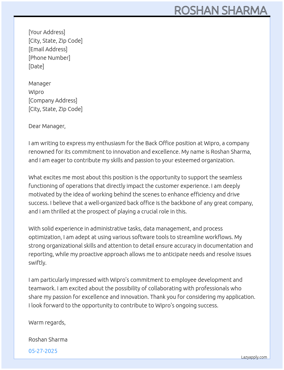 Back office At Wipro Cover Letter