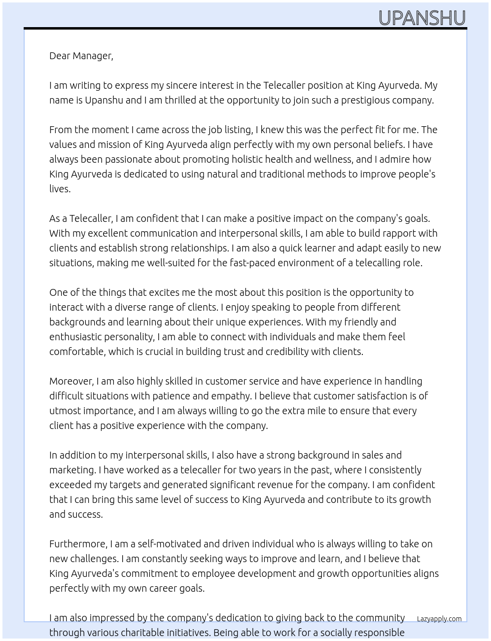 Telecaller At King ayurveda Cover Letter