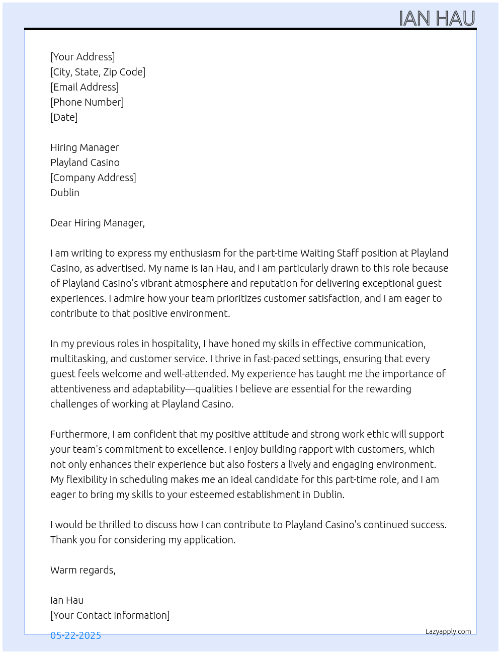 Waiting Staff At Playland Casino Cover Letter