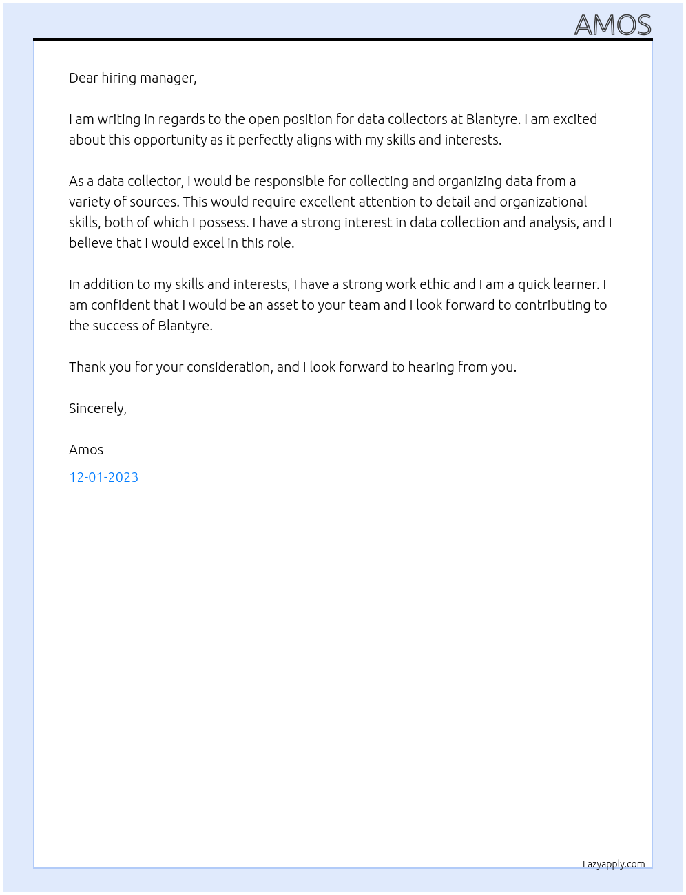 Data collectors At Blantyre Cover Letter