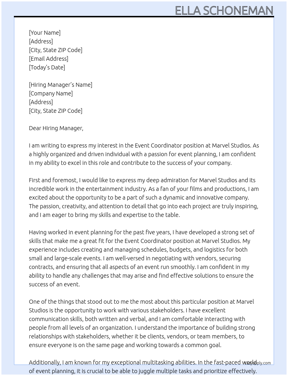 Event Coordinator At Marvel Studios Cover Letter