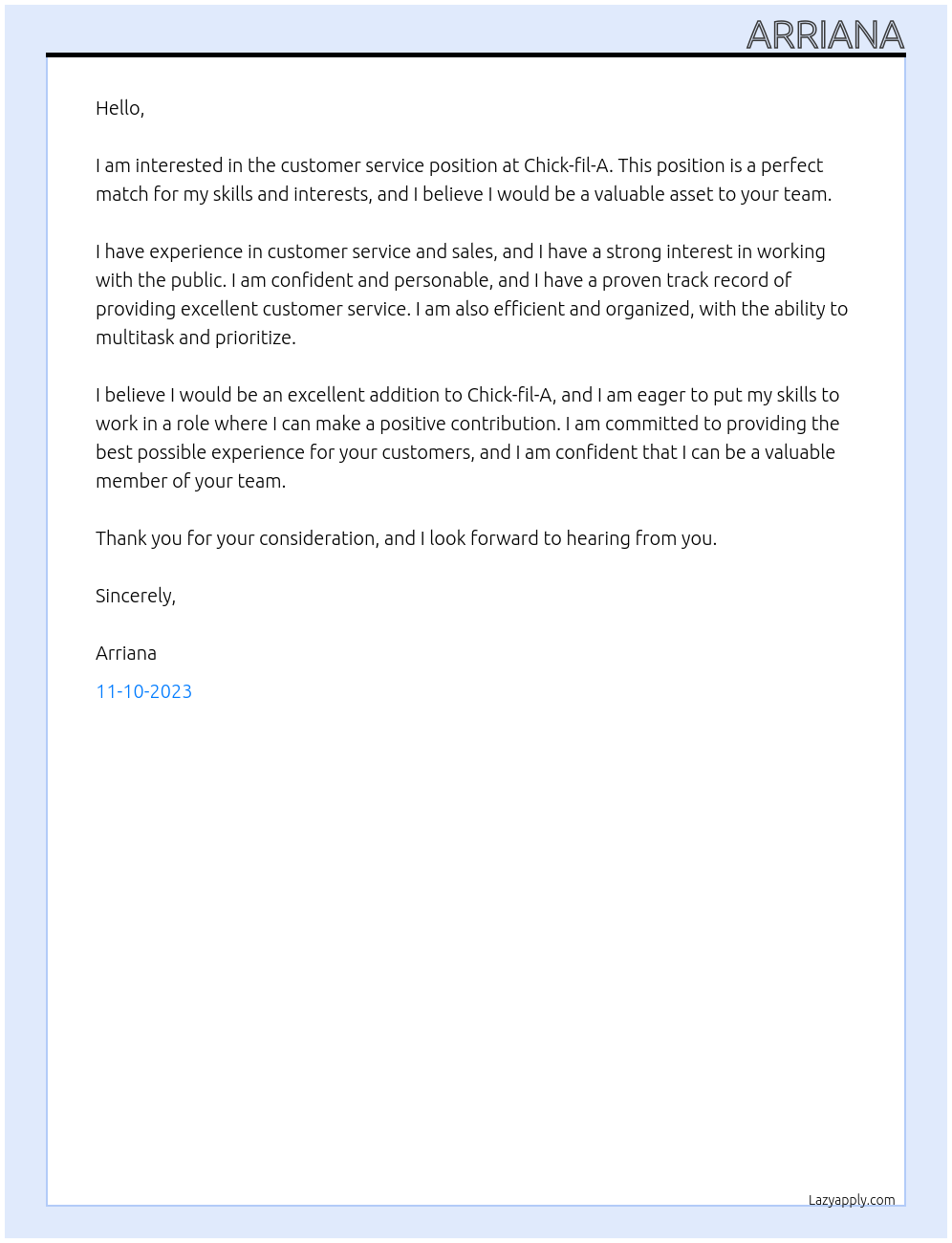 costumer service At chick fa li Cover Letter