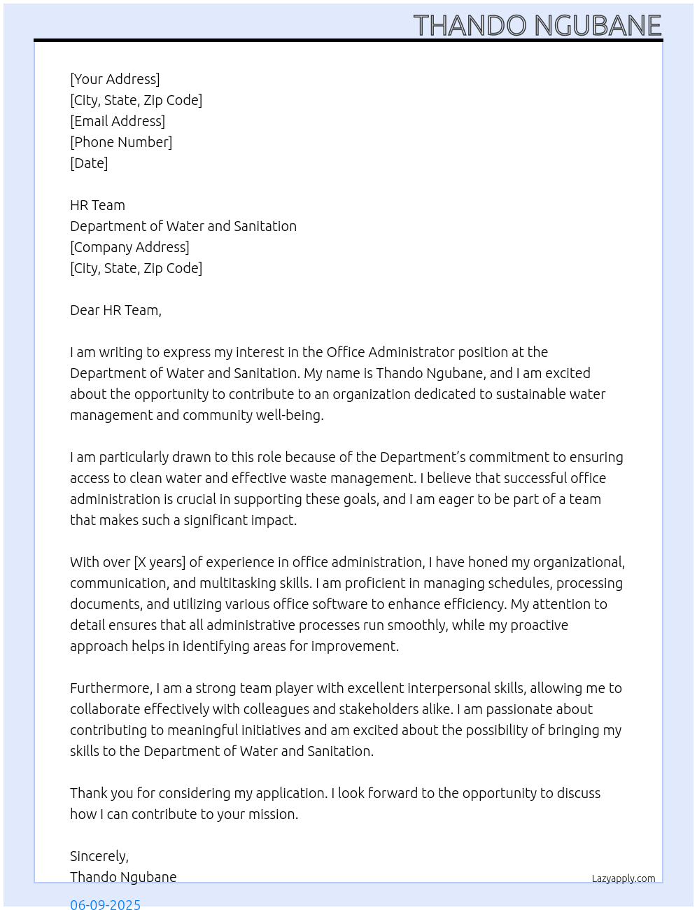 office admin At Department of water and sanitation Cover Letter