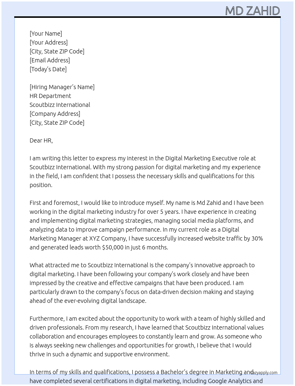 Digital marketing At Scoutbizz International Cover Letter