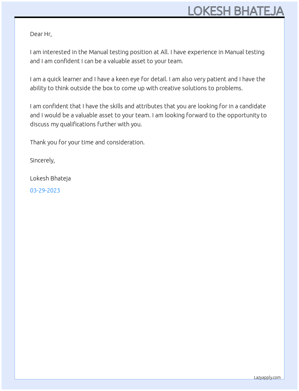 Manual testing At All Cover Letter