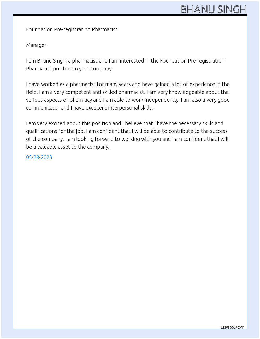 Pharmacist At Foundation Pre-registration Pharmacist Cover Letter