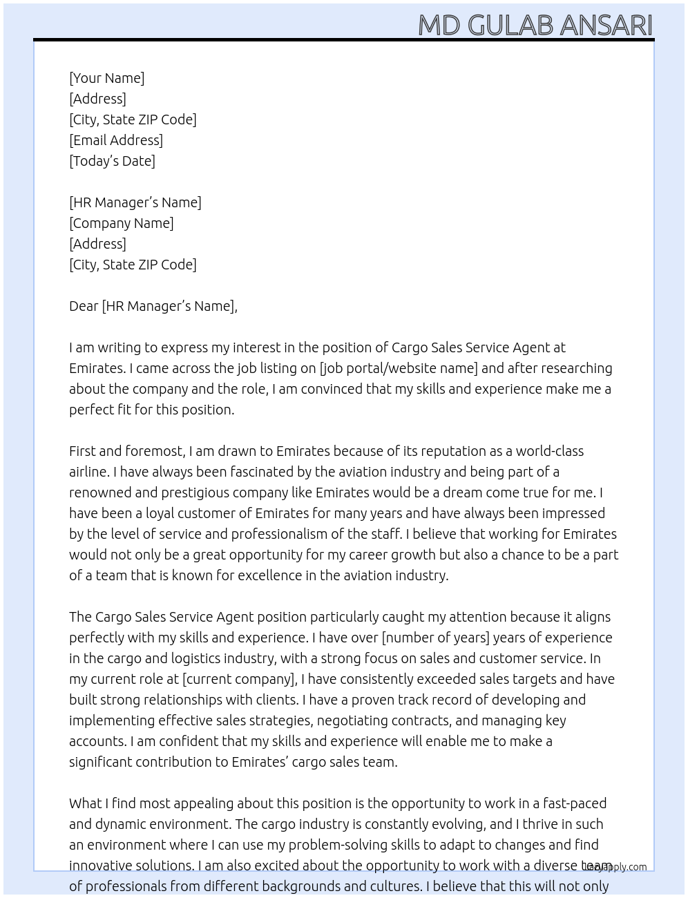 Cover letter for cargo sales service agent - LazyApply