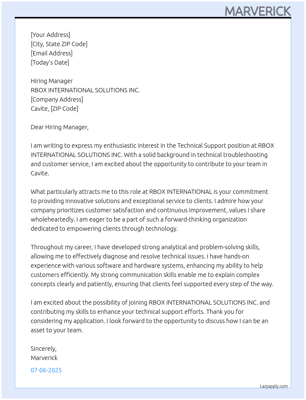 Cover letter for technical support - LazyApply