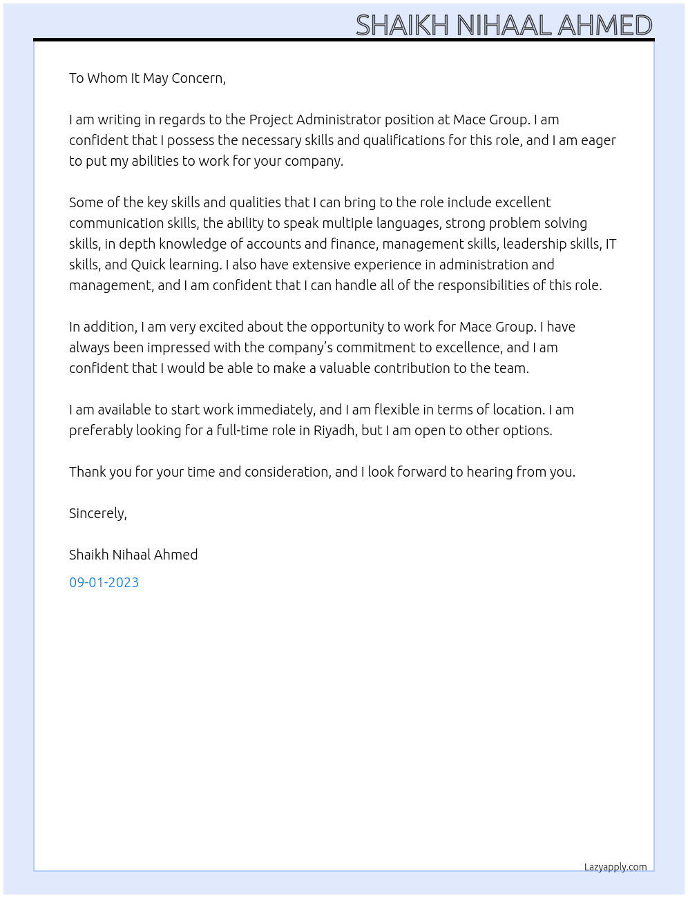 Project Administrator At Mace Group Cover Letter