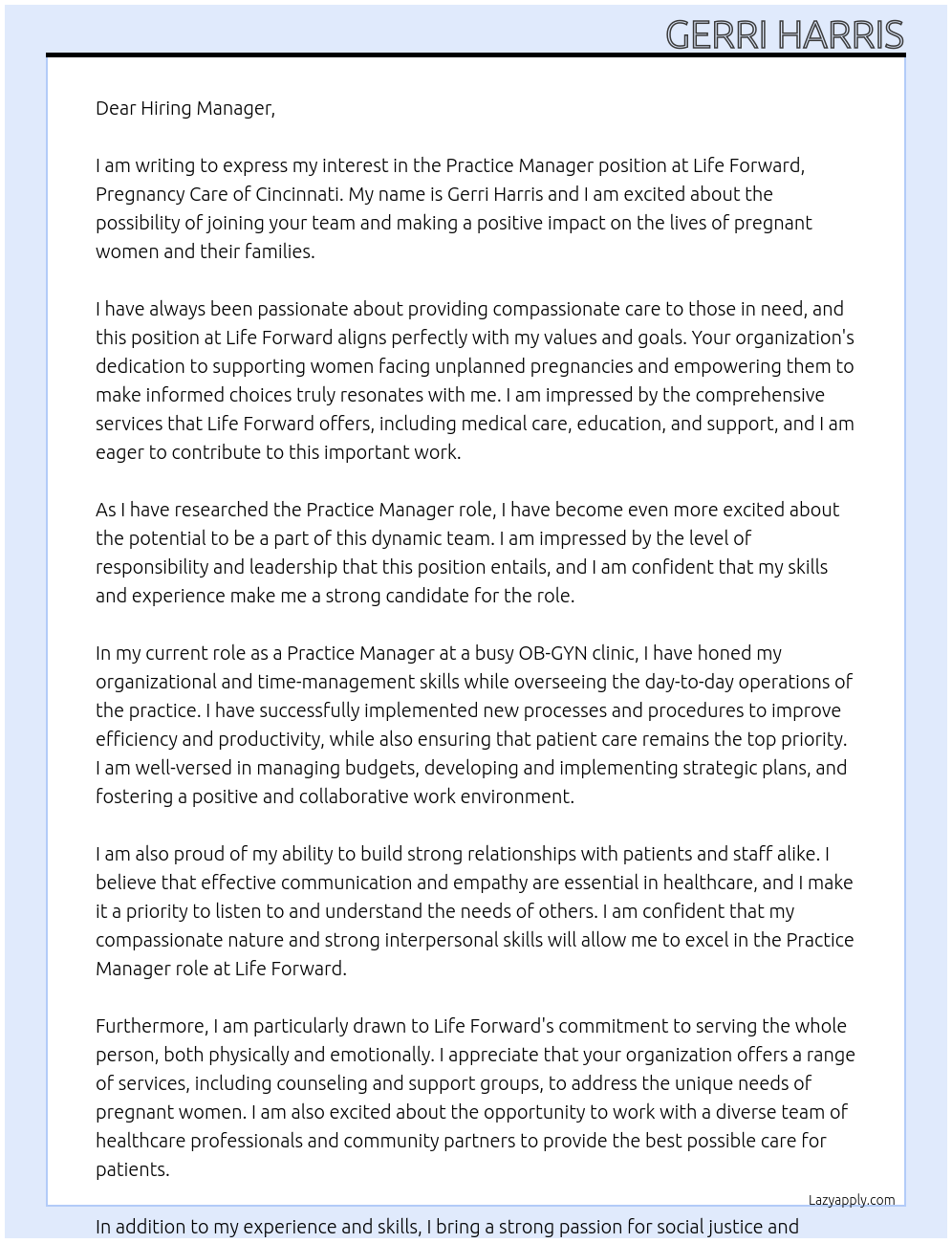 Practice Manager At Life Forward, Pregnancy Care of Cincinnati Cover Letter