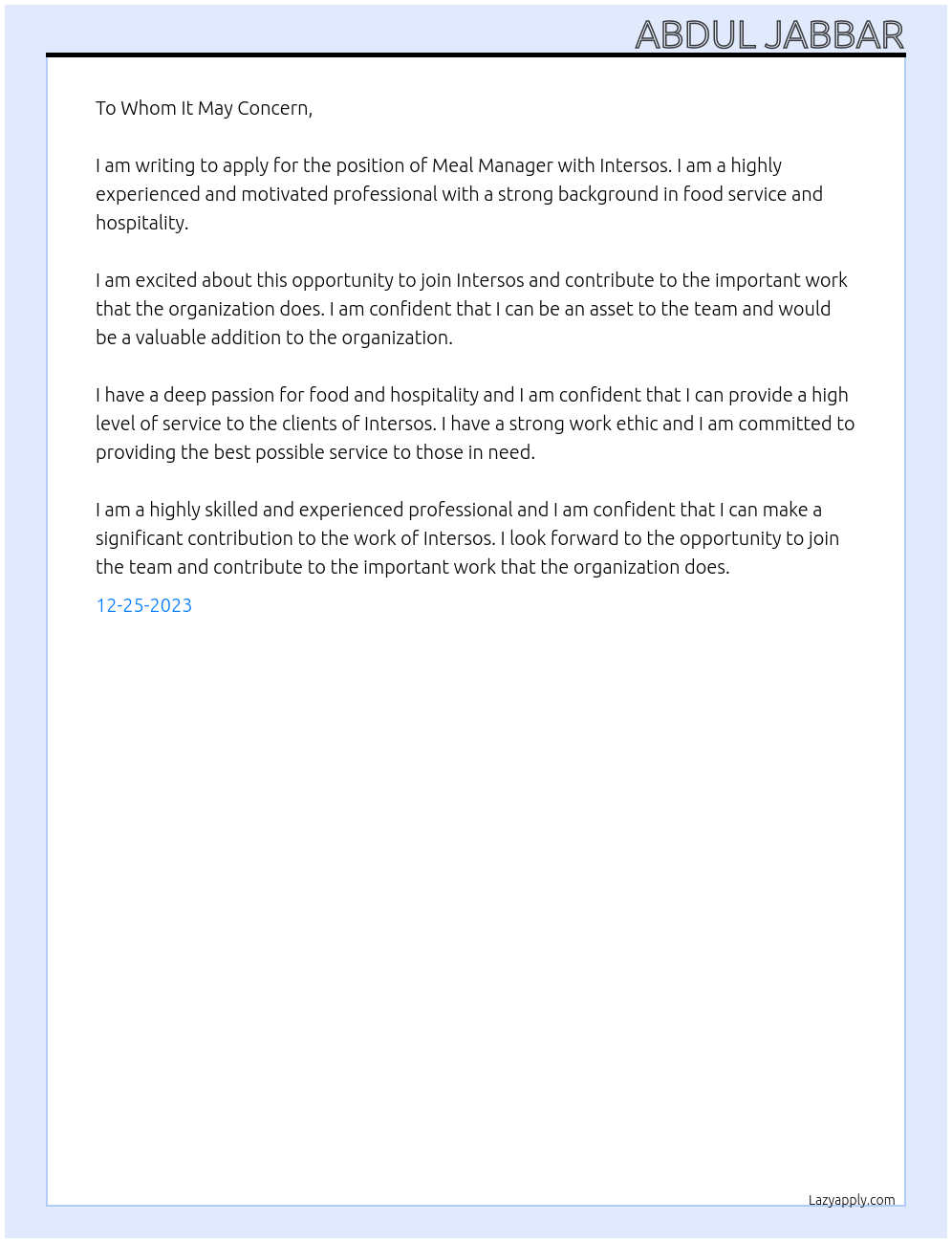 Meal manager At Intersos Cover Letter