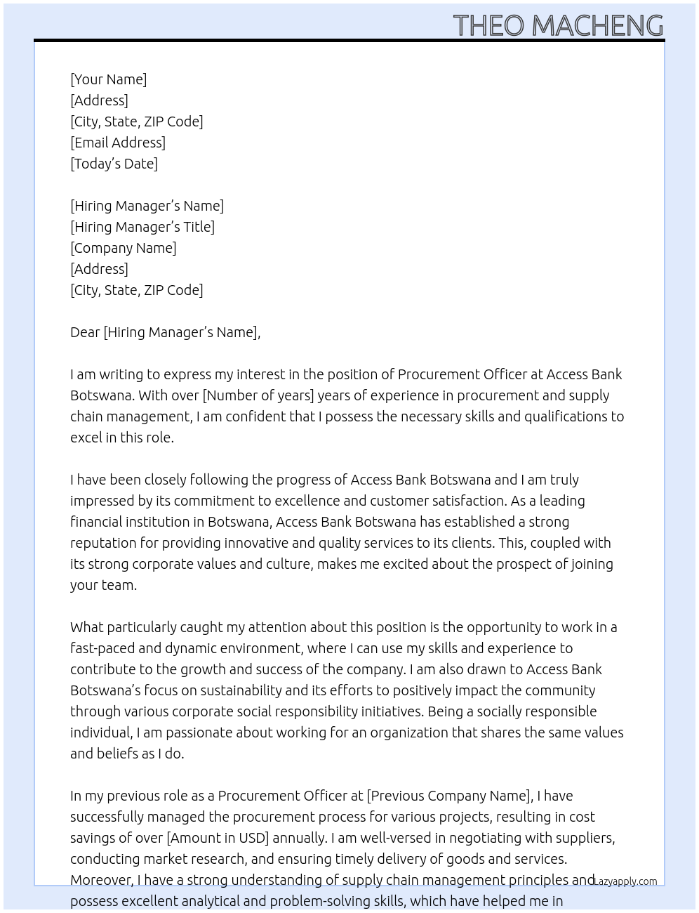 procurement officer At Access Bank Botswana Cover Letter