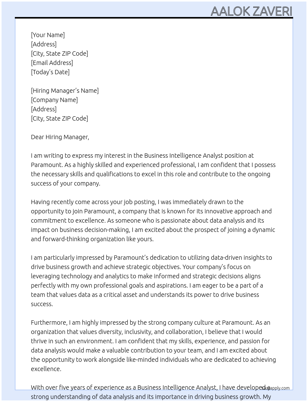 Business Intelligence Analyst At Paramount Cover Letter