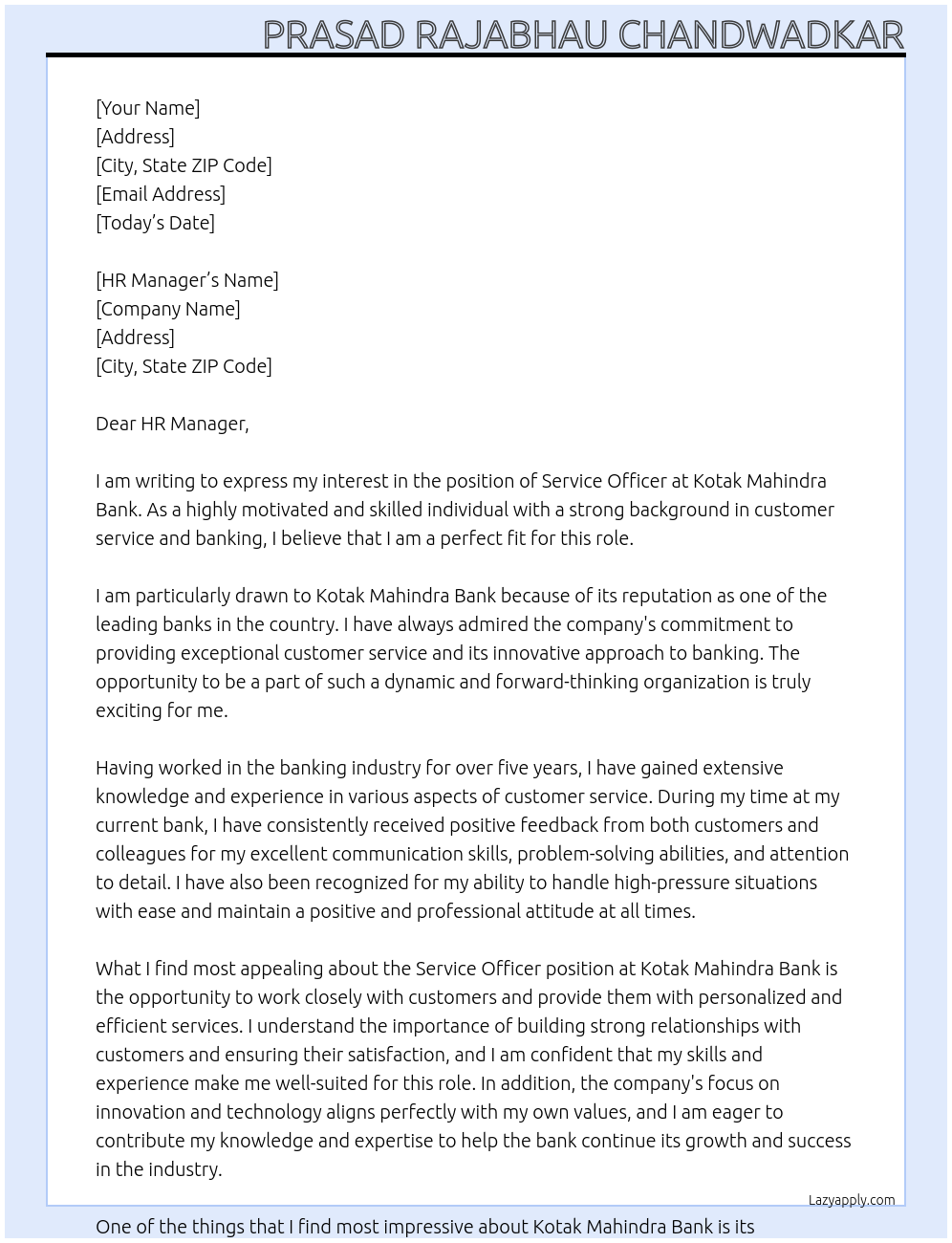 Service Officer At kotak Mahindra Bank Cover Letter