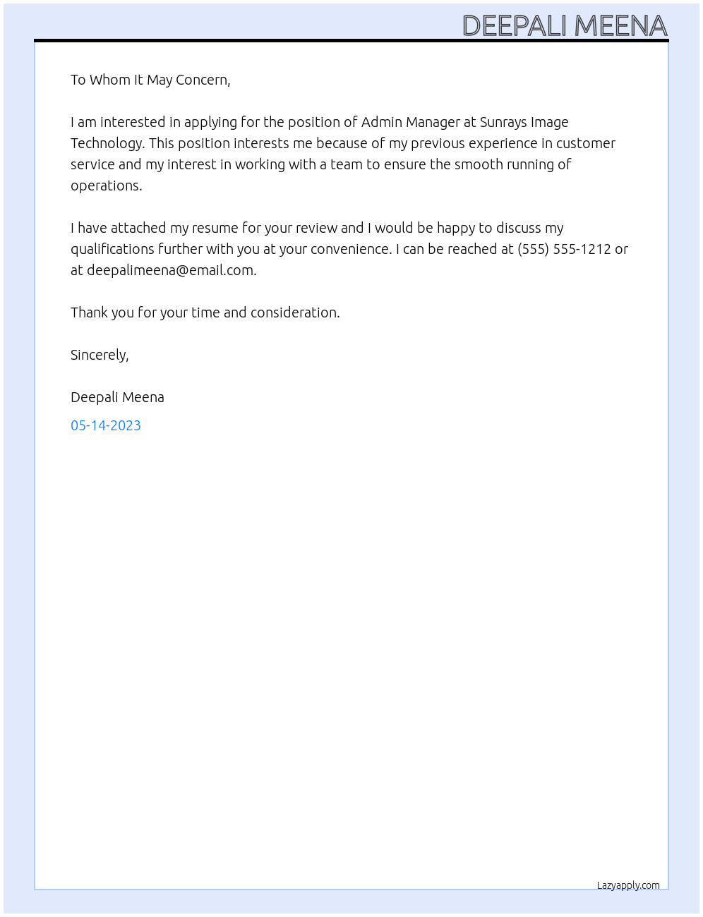 Admin Manager  At Sunrays Image Technology  Cover Letter