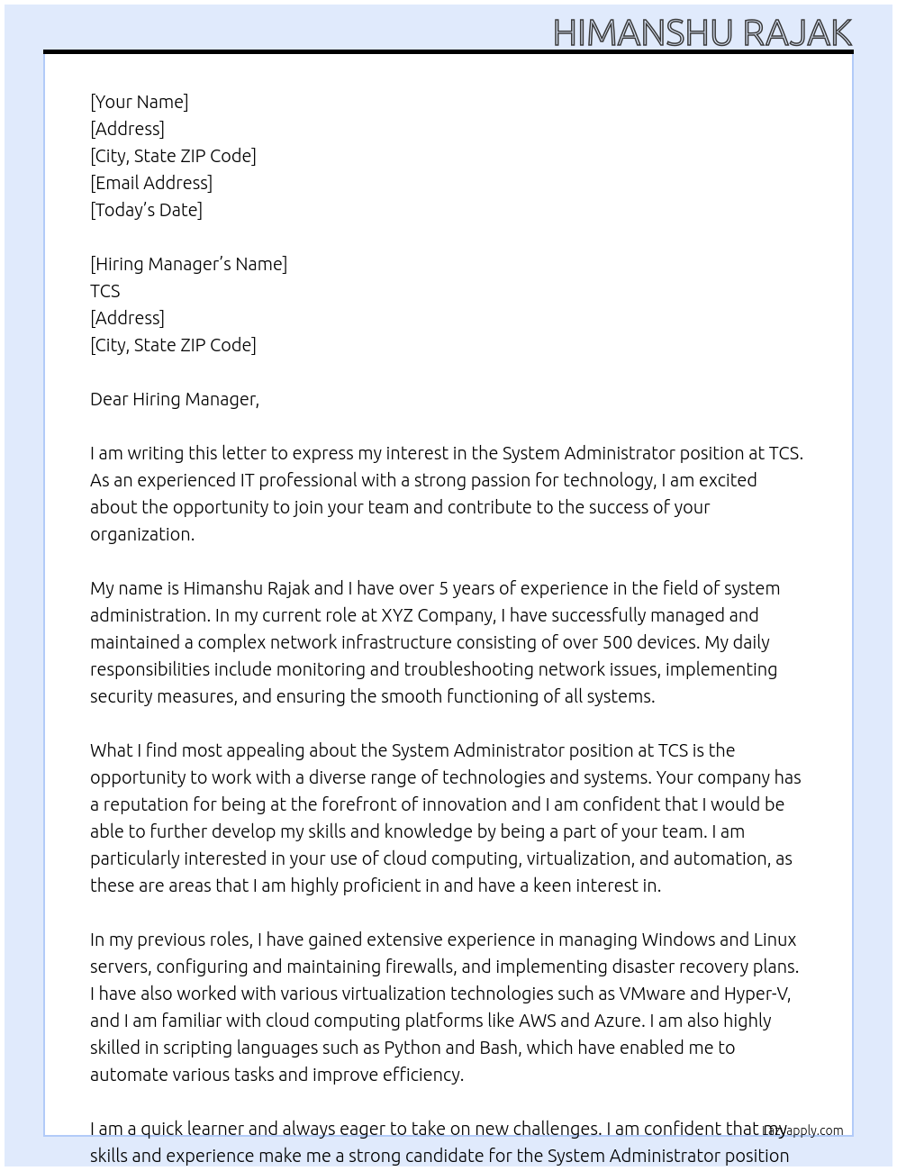 System Administrator At TCS Cover Letter